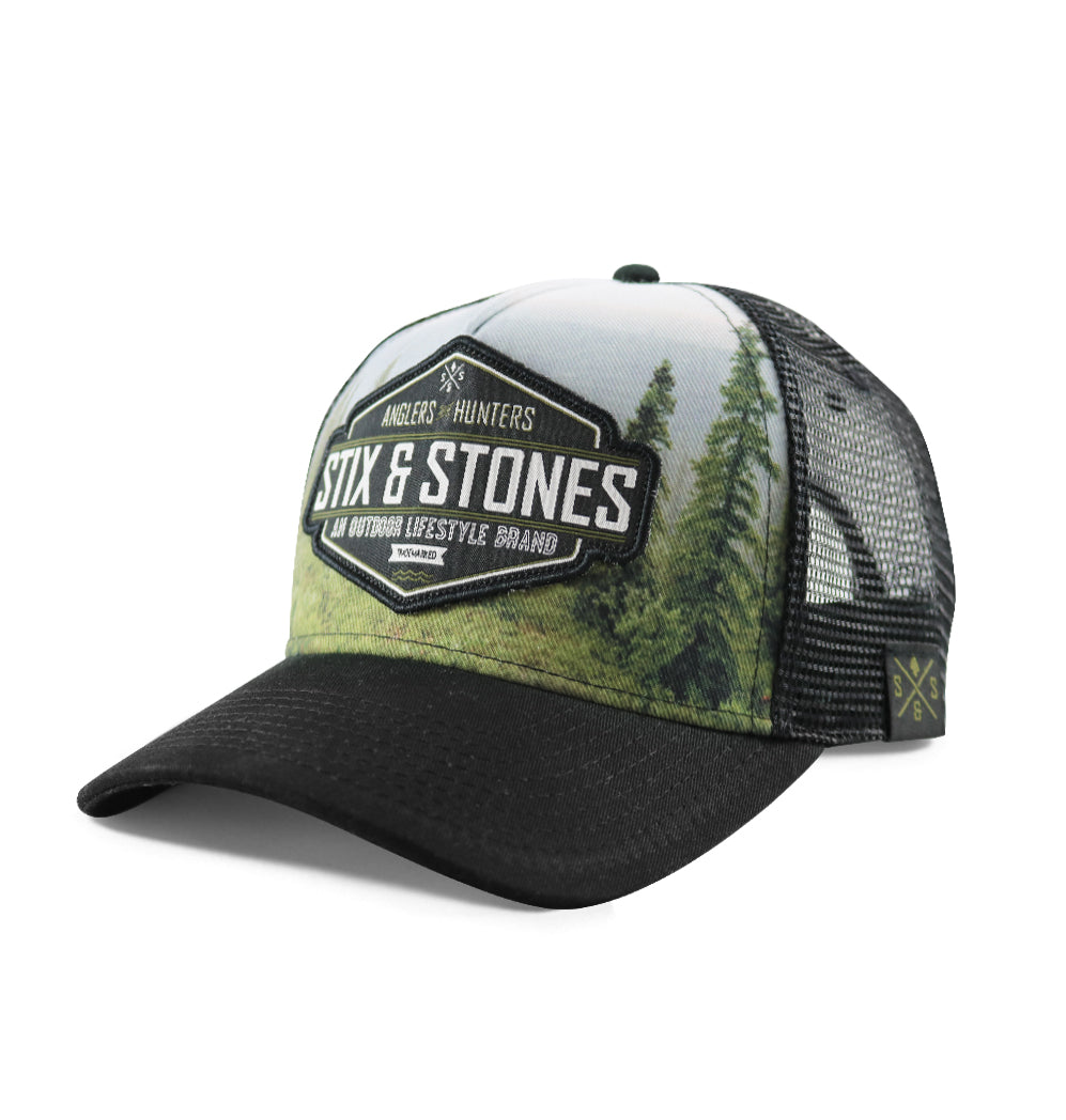 Outdoor Hats, Landscape photo, black mesh back hat, Crest patch